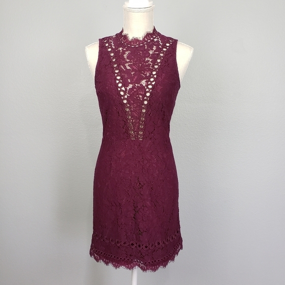 SAYLOR X FREE PEOPLE Cherie Bodycon Lace Mini Open Back Dress Burgundy XS - Picture 2 of 11